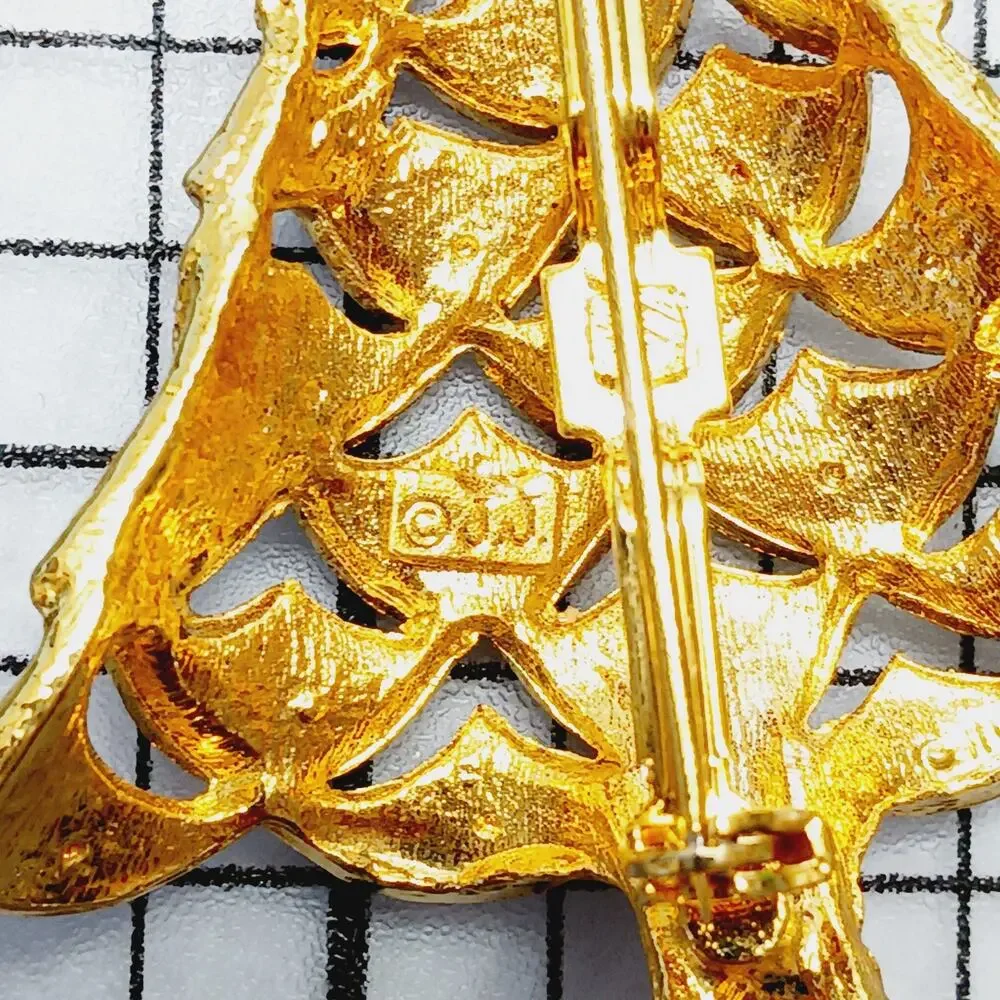 Broch Pin VTG JJ Jonette Christmas Tree Gold Tone Rhinestones Holiday Lisker
